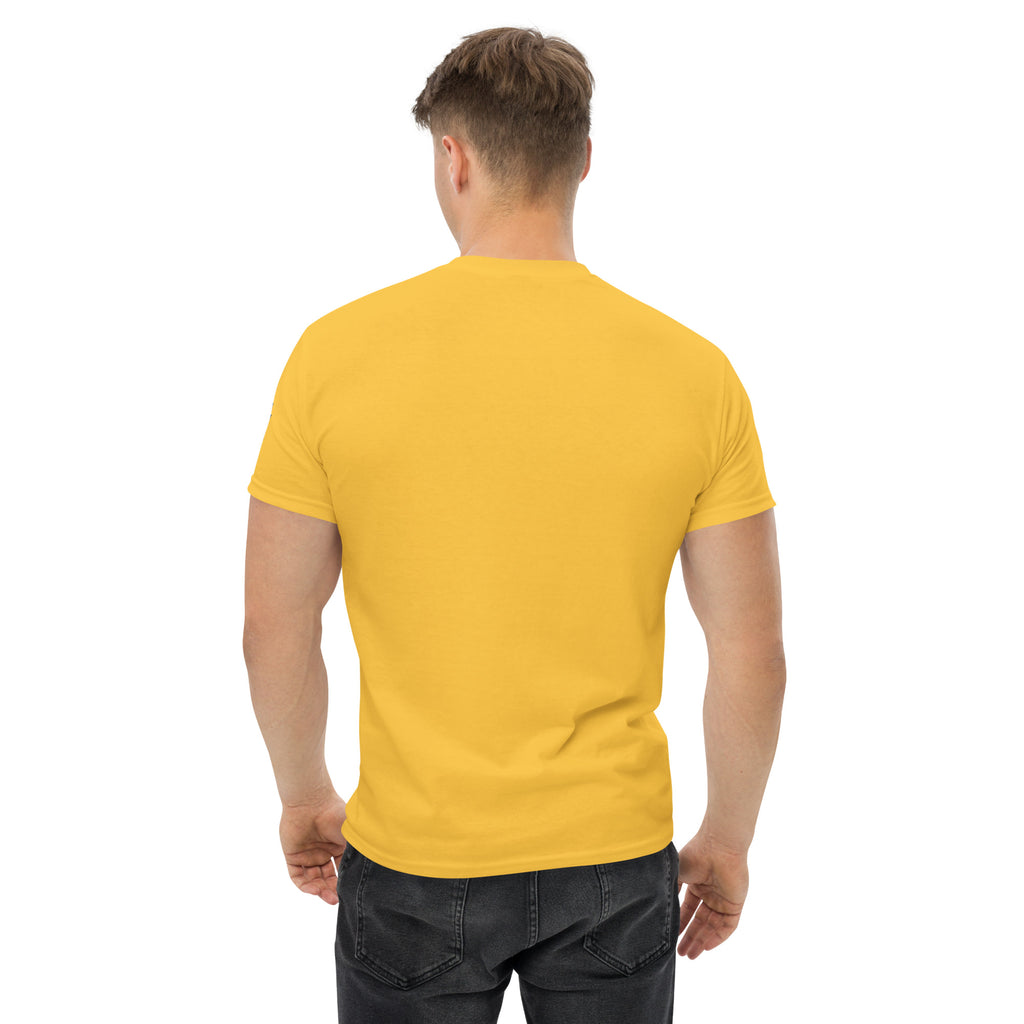 Back view of a model wearing the yellow classic tee