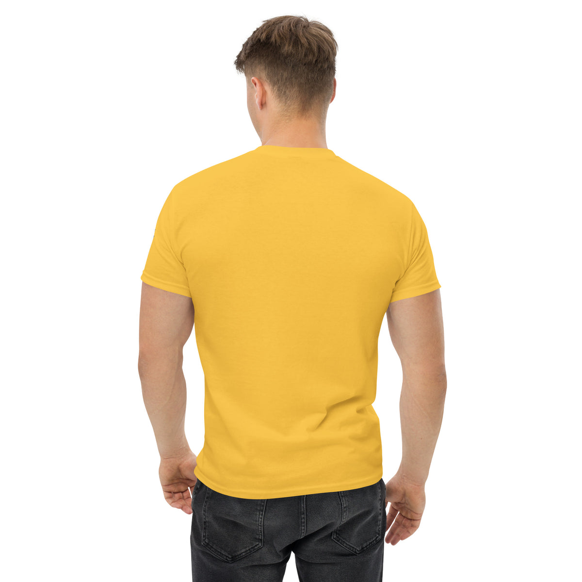 Back view of a model wearing the yellow classic tee