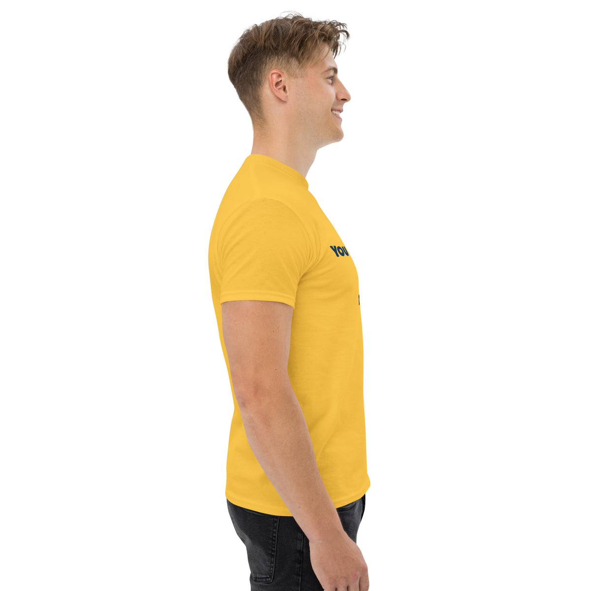 Side view of a model wearing the yellow classic tee