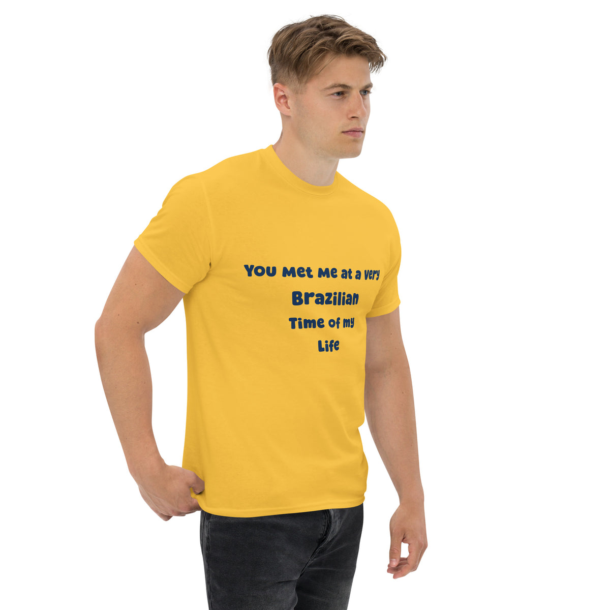 Angled front view of a model wearing the yellow graphic tee