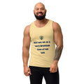 Front view of a model wearing a butter-yellow tank top with black slogan lettering