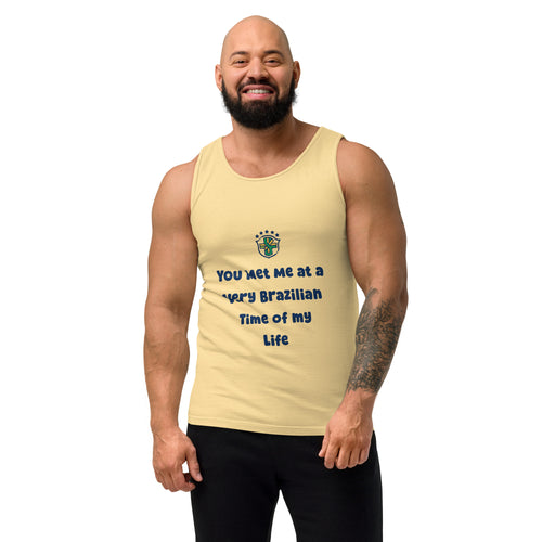 Front view of a model wearing a butter-yellow tank top with black slogan lettering