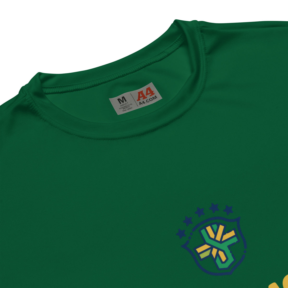 Close-up of the forest-green performance tee's crew neckline and blue-and-yellow chest emblem