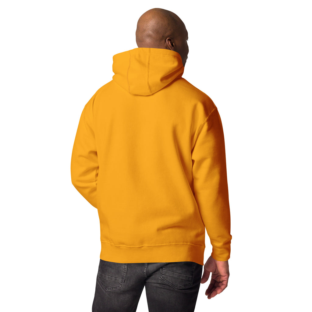 Back view of a model wearing a plain gold hoodie